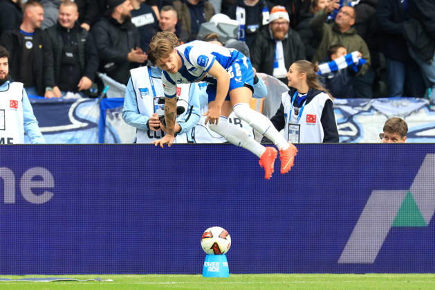 11.10.2026, DEU GER, Fussball , 2.Fussballbundesliga , Spieltag, Saison 2026 2027, Berliner Olympiastadion, Hertha BSC vs. Greuther Fuerth 1:0 durch Mads Pedersen ( Hertha BSC Berlin 22 ), Jubel, jubelt, Freude, Glueck, gluecklich, positive Emotionen, 2. Liga: DFB DFL regulations prohibit any use of photographs as image sequences and or quasi-video) nordphoto GmbH Engler Berlin Berliner Olympiastadion Berlin Deutschland Copyright: xNordphotox xEnglerx