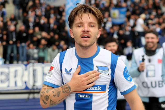 11.10.2026, xtgx, Fussball 2.Bundesliga, Hertha BSC Berlin - SpVgg Greuther Fuerth v.l. Torjubel nach dem Tor zum celebrating the goal celebrate 1:0 durch Mads Pedersen (Hertha BSC Berlin) (DFL DFB REGULATIONS PROHIBIT ANY USE OF PHOTOGRAPHS as IMAGE SEQUENCES and or QUASI-VIDEO) Berlin