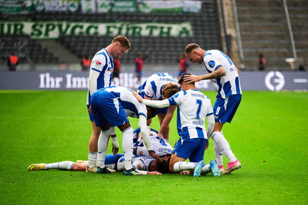 Hertha BSC Berlin jubelt ueber 2:0, Gustaf Nilsson (Hertha BSC, 09), GER, Hertha BSC vs. SPVGG Greuther Fuerth, 2. Bundesliga, Saison 2026 27, 07. Spieltag, 11.10.2026 (DFL REGULATIONS PROHIBIT ANY USE OF PHOTOGRAPHS AS IMAGE SEQUENCES AND OR QUASI - VIDEO). GER, Hertha BSC vs. SPVGG Greuther Fuerth, 2. Bundesliga, Saison 2026 27, 07. Spieltag, 11.10.2026 Berlin