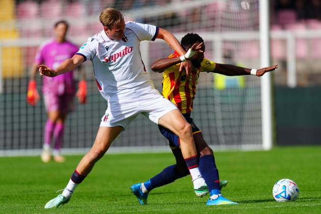 US Lecce s Left-back Antonino Gallo (25 US Lecce) and Bologna FC s Centre-back Torbjorn Heggem (14 Bologna FC) in action during the Serie A Enilive matchday 6 match between US Lecce and Bologna FC 1909 at the Stadio Via del Mare in Lecce, Italy, Sunday, October 11, 2026. (Credit Image: Giovanni Evangelista LaPresse)  Copyright: xGiovannixEvangelista LaPressex