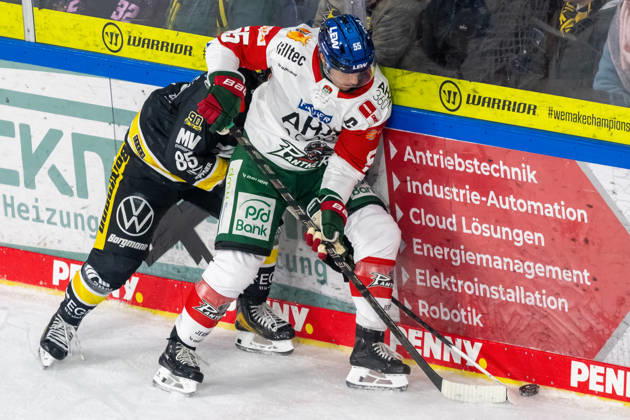 Zweikampf zwischen Luca Hauf (Krefeld Pinguine, 85) und Ryan Button (Augsburger Panther, 55). Krefeld Pinguine vs. Augsburger Panther, Eishockey, Penny DEL, 08. Spieltag, Saison 2026 2027, 11.10.2026 Krefeld Pinguine vs. Augsburger Panther, Eishockey, Penny DEL, 08. Spieltag, Saison 2026 2027, 11.10.2026 Krefeld Copyright: xEibner-Pressefoto ThomasxHaeslerx EP_THR