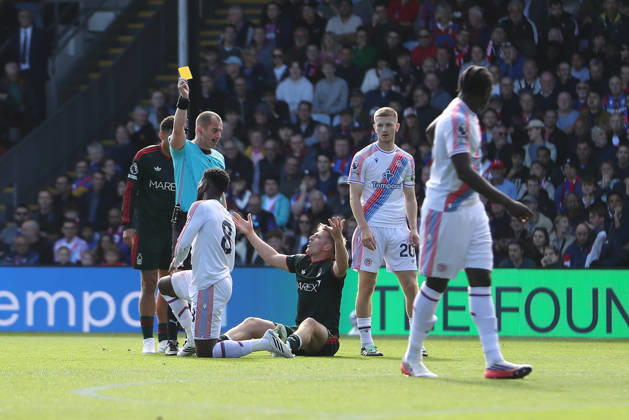 11th October 2026; Selhurst Park, London, England; Premier League Football, Crystal Palace versus Nottingham Forest; Liam Delap of Nottingham Forest wants a red card for the foul by Jefferson Lerma of Crystal Palace instead of a yellow KatiexChan
