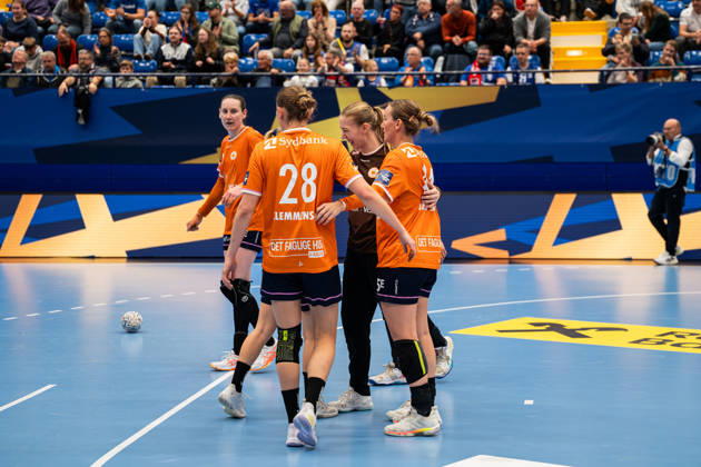 HSG Blomberg-Lippe (GER) vs. Odense Handbold (DEN), Handball, EHF Champions League Women, Gruppenphase, 11.10.2026, Saision 2026 2027, Lemgo Die Spielerinnen von Odense Handbold (DEN) jubeln nach dem Sieg gegen die HSG Blomberg-Lippe (GER) Lemgo Phoenix Contact Arena Deutschland