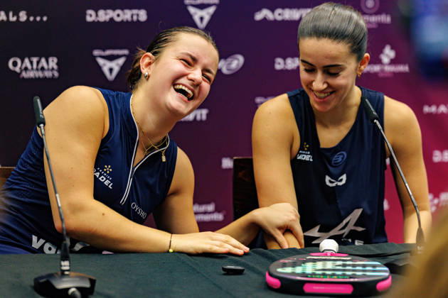 DÜSSELDORF, GERMANY - 11 OCTOBER 2026: Image shows press conference, PK, Pressekonferenz of Martina Calvo (ESP) and Claudia Fernandez Sanchez (ESP) during CUPRA Germany Premier Padel P2 2026 Day 8: Finals at CASTELLO Düsseldorf on 11 10 2026 in Düsseldorf, Germany. Germany Copyright: xFröhlichxPascalx