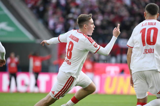Jubel 1:0 Isak Johannesson (1.FC Koeln), Said El Mala (1. FC Koeln), v.li. 11.10.2026, Fussball 1. Bundesliga, Saison 2026 2027, 5. Spieltag, 1. FC Köln - Borussia Mönchengladbach DFL regulations prohibit any use of photographs as image sequences and or quasi-video Koeln Rhein-Energie-Stadion Nordrhein Westfalen Deutschland