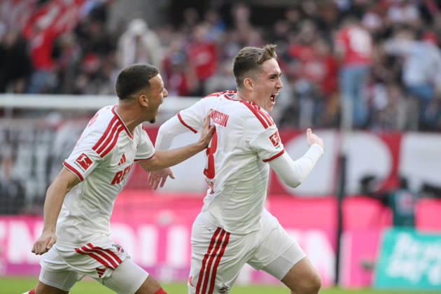 Jubel 1:0 Isak Johannesson (1.FC Koeln), Said El Mala (1. FC Koeln), v.re. 11.10.2026, Fussball 1. Bundesliga, Saison 2026 2027, 5. Spieltag, 1. FC Köln - Borussia Mönchengladbach DFL regulations prohibit any use of photographs as image sequences and or quasi-video Koeln Rhein-Energie-Stadion Nordrhein Westfalen Deutschland