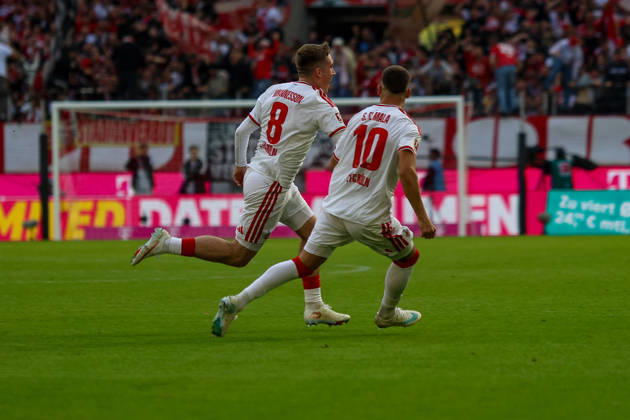 11.10.2026, GER, Fussball, Herren, Bundesliga , 1. Bundesliga, Saison 2026 2027, 1. FC Köln - VfL Borussia Mönchengladbach Ãsak Johannesson (KOE) Torjubel, jubelt nach seinem Treffer zum 1:0 mit Said El Mala (KOE) Copyright: xSvenxHanischx