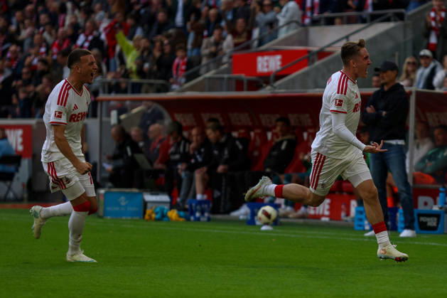 11.10.2026, GER, Fussball, Herren, Bundesliga , 1. Bundesliga, Saison 2026 2027, 1. FC Köln - VfL Borussia Mönchengladbach Ãsak Johannesson (KOE) Torjubel, jubelt nach seinem Treffer zum 1:0 mit Said El Mala (KOE) Copyright: xSvenxHanischx