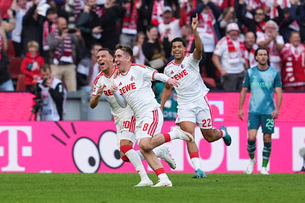 11.10.2026, xydrx, Herren, Fußball, 1.Bundesliga, 1.FC Köln - Borussia Mönchengladbach, Saison 2026 2027, RheinEnergieSTADION: Torjubel nach dem Tor zum 1:0 für den 1.FC Köln durch Torschütze Isak Johannesson (1.FC Köln, 8) zusammen mit Said El Mala (1.FC Köln, 10) und Jahmai Simpson-Pusey (1.FC Köln, 22) DFB regulations prohibit any use of photographs as image sequences and or quasi-video. Copyright: HMBxMedia YannisxDreimann