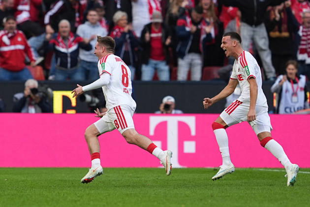 11.10.2026, xydrx, Herren, Fußball, 1.Bundesliga, 1.FC Köln - Borussia Mönchengladbach, Saison 2026 2027, RheinEnergieSTADION: Torjubel nach dem Tor zum 1:0 für den 1.FC Köln durch Torschütze Isak Johannesson (1.FC Köln, 8) zusammen mit Said El Mala (1.FC Köln, 10) DFB regulations prohibit any use of photographs as image sequences and or quasi-video. Copyright: HMBxMedia YannisxDreimann