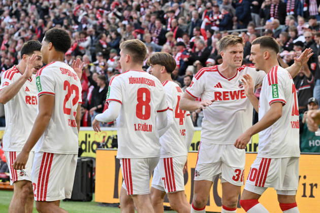 Jubel Köln 1:0, v.re., Said El Mala (1. FC Koeln), Marius Bülter (1.FC Koeln), Isak Johannesson (1.FC Koeln), Jahmai Simpson-Pusey (1.FC Koeln) 11.10.2026, Fussball 1. Bundesliga, Saison 2026 2027, 5. Spieltag, 1. FC Köln - Borussia Mönchengladbach DFL regulations prohibit any use of photographs as image sequences and or quasi-video Koeln Rhein-Energie-Stadion Nordrhein Westfalen Deutschland
