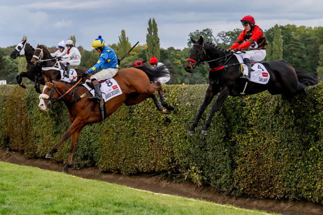 The 136th Grand Pardubice Steeplechase (6,900m), in Pardubice, Czech Republic, on October 11, 2026. The horses are crossing the Taxis Ditch. From the right: Adam Cmiel on Caryjape and James Best on Greek Dessert. (CTKxPhoto DavidxTanecek) CTKPhotoP2026101104510  CTKPhotoP2026101104510
