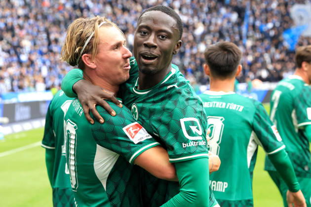 11.10.2026, DEU GER, Fussball , 2.Fussballbundesliga , Spieltag, Saison 2026 2027, Berliner Olympiastadion, Hertha BSC vs. Greuther Fuerth OMAR SILLAH ( Greuther Fuerth 42 ), Felix Klaus ( Greuther Fuerth 30 ) Abseitstor Freude war umsonst 2. Liga: DFB DFL regulations prohibit any use of photographs as image sequences and or quasi-video) nordphoto GmbH Engler Berlin Berliner Olympiastadion Berlin Deutschland Copyright: xNordphotox xEnglerx