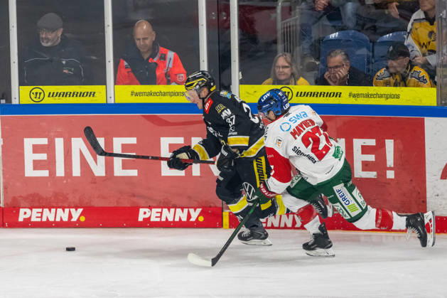 Zweikampf zwischen Max Newton (Krefeld Pinguine, 37) und Kyle Mayhew (Augsburger Panther, 27). Krefeld Pinguine vs. Augsburger Panther, Eishockey, Penny DEL, 08. Spieltag, Saison 2026 2027, 11.10.2026 Krefeld Pinguine vs. Augsburger Panther, Eishockey, Penny DEL, 08. Spieltag, Saison 2026 2027, 11.10.2026 Krefeld Copyright: xEibner-Pressefoto ThomasxHaeslerx EP_THR