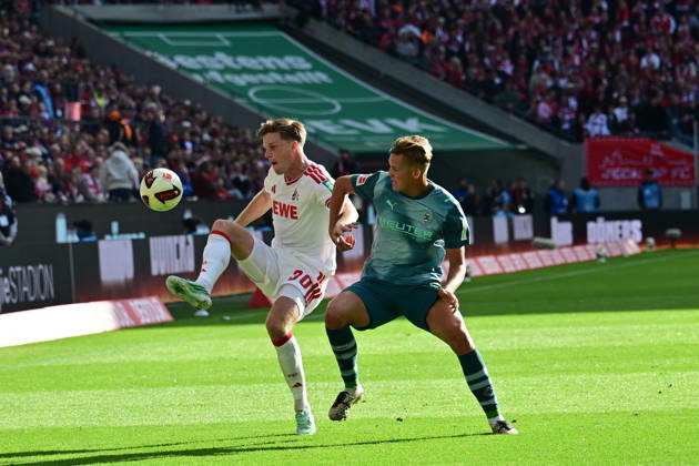 11.10.2026; Koeln; Fussball, Herren, Saison 2026 2027, 1. FC Koeln vs. Borussia Moenchengladbach Zweikampf zwischen v. li. Marias Buelter (Koeln), Jan Leszczynski (Gladbach) DFL regulations prohibit any use of photographs as image sequences and or quasi-video. Rhein-Energie-Stadion Nordrhein-Westfalen Deutschland