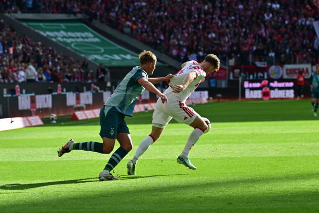 11.10.2026; Koeln; Fussball, Herren, Saison 2026 2027, 1. FC Koeln vs. Borussia Moenchengladbach Zweikampf zwischen v. li. Jan Leszczynski (Gladbach), Marias Buelter (Koeln) DFL regulations prohibit any use of photographs as image sequences and or quasi-video. Rhein-Energie-Stadion Nordrhein-Westfalen Deutschland