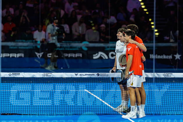 DÜSSELDORF, GERMANY - 11 OCTOBER 2026: Image shows lineup of Arturo Coello (ESP), Agustin Tapia (ARG) and Franco Stupaczuk (ARG), Jon Sanz (ESP) during CUPRA Germany Premier Padel P2 2026 Day 8: Finals at CASTELLO Düsseldorf on 11 10 2026 in Düsseldorf, Germany. Germany Copyright: xFröhlichxPascalx