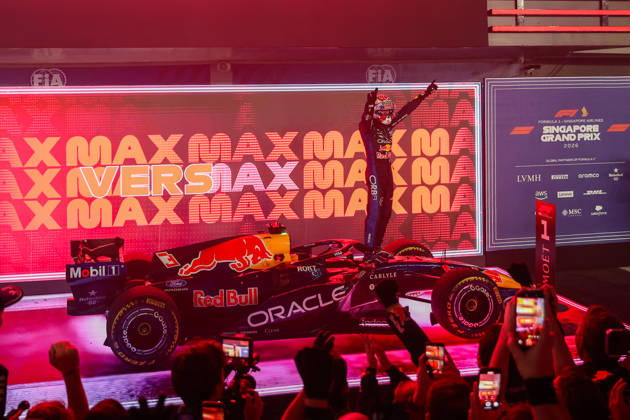 Max Verstappen wins 2026 Formula 1 Singapore Grand Prix SINGAPORE - OCT 11: Red Bull Racing driver Max Verstappen celebrates on the podium after winning the Formula 1 Singapore Grand Prix at the Marina Bay Street Circuit in Singapore on October 11, 2026. Daniel Ceng Anadolu Singapore Singapore. Editorial use only. Please get in touch for any other usage. Copyright: x2026xAnadoluxDanielxCengx