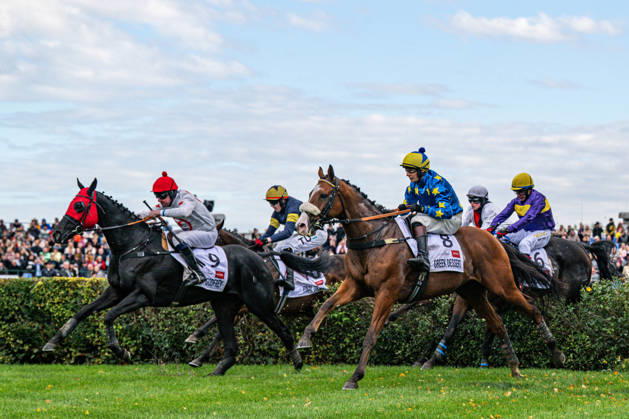 The 136th Grand Pardubice Steeplechase (6,900m), in Pardubice, Czech Republic, on October 11, 2026. From left: Jan Faltejsek on Godfrey, Keith Michael Donoghue on Final Orders, James Best on Greek Dessert, Lenka Neprasova on Sacamiro, and Marcel Novak on Dumon Roclay. (CTKxPhoto DavidxTanecek) CTKPhotoP2026101105161  CTKPhotoP2026101105161
