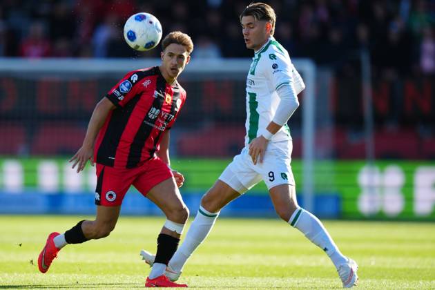 ROTTERDAM , 11-10-2026 , Stadium Woudestein , season 2026 2027 , Dutch Eredivisie football , match between Excelsior Rotterdam and FC Groningen , picture shows Excelsior Rotterdam Player Lennard Hartjes , FC Groningen Player Brynjolfur Willumsson Excelsior - Groningen  x208171253x Copyright: