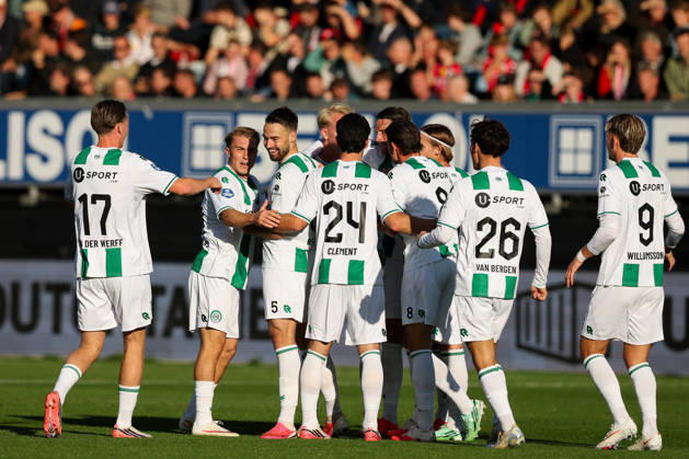 2026-10-11 Excelsior Rotterdam v FC Groningen - Dutch Eredivisie ROTTERDAM, NETHERLANDS - OCTOBER 11: David van der Werff of FC Groningen, Marco Rente of FC Groningen, Pelle Clement of FC Groningen, Thijmen Blokzijl of FC Groningen, Thom van Bergen of FC Groningen, Tika de Jonge of FC Groningen, Brynjolfur Andersen Willumsson of FC GroningenJorg Schreuders of FC Groningen celebrates after scoring the first goal of the team during the Dutch Eredivisie match between Excelsior Rotterdam and FC Groningen at Stadion Woudestein on October 11, 2026 in Rotterdam, Netherlands. Rotterdam Stadion Woudestein Netherlands Content not available for redistribution in The Netherlands directly or indirectly through any third parties. Copyright: xHansxvanxderxValkx