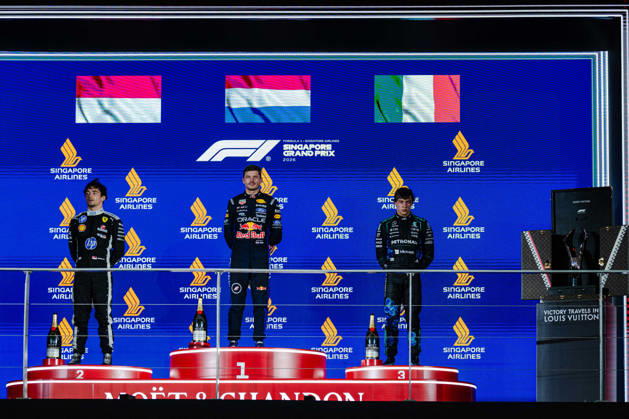 2026 Formula 1 Singapore Grand Prix - Podium MAX VERSTAPPEN (NED) of Oracle Red Bull Racing ANDREA KIMI ANTONELLI (ITA) of Mercedes-AMG PETRONAS Formula One Team CHARLES LECLERC (MON) of Scuderia Ferrari HP LV Trunk Podium on SUNDAY during the 2026 FORMULA 1 SINGAPORE AIRLINES SINGAPORE GRAND PRIX 2026 at MARINA BAY STREET CIRCUIT SINGAPORE on October 11, 2026. Photo by Tan Jun Da ABACAPRESS.COM Singapore Singapore  Copyright: xJunxDaxTan ABACAx