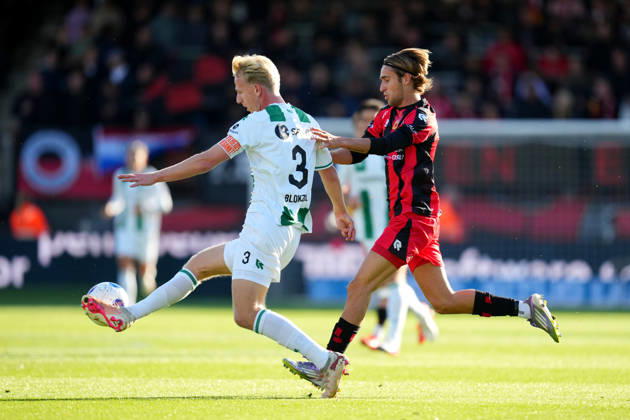 Eredivisie: Excelsior Rotterdam v FC Groningen Rotterdam - Thijmen Blokzijl of FC Groningen duels for the ball with Agust Orri Thorsteinsson of Excelsior Rotterdam during the eight competition round of the 2026 2027 Eredivisie season. The match is set between Excelsior Rotterdam and FC Groningen at Stadion Woudestein on 11 October 2026 in Rotterdam, Netherlands. (Hero Images Yannick Verhoeven) Copyright: xYannickxVerhoevenx