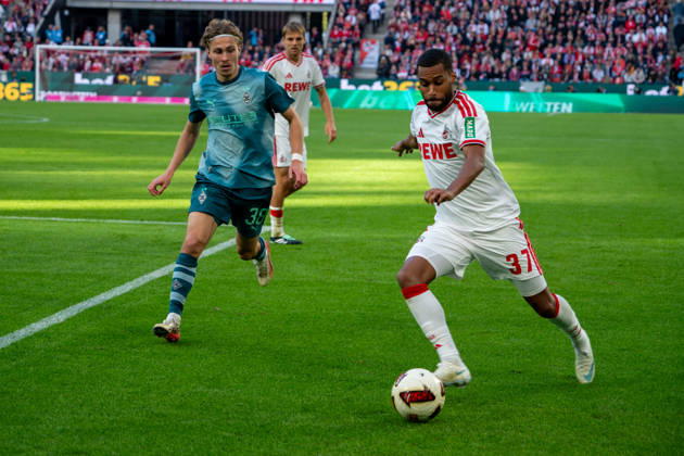 Deutschland: 1.Bundesliga 2026 2027, 5. Spieltag, 1.FC Köln vs Borussia Mönchengladbach, Sonntag, 11.10.2026 RheinEnergie-Stadion (Köln-Nordrhein-Westfalen): Linton Maina (1.FC Köln, 37) Zweikampf, Spielszene, Duell, duel, tackle, tackling, Dynamik, Action, Aktion gegen Hugo Bolin (Borussia Mönchengladbach, 38) Köln RheinEnergier-Stadion, Köln Deutschland Copyright: xOrhanxHabashx