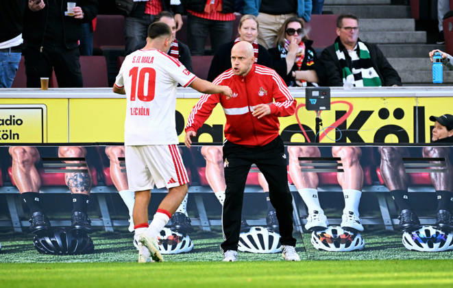 Cologne, Germany, 1. Bundesliga, Matchday 5, Rhein-Energie-Stadium Cologne, 1. FC Köln vs Bor. Mönchengladbach; Said El Mala (FC) celebrates after scoring , together with Headcoach Rene Wagner (FC). Celebration, Joy, Action.