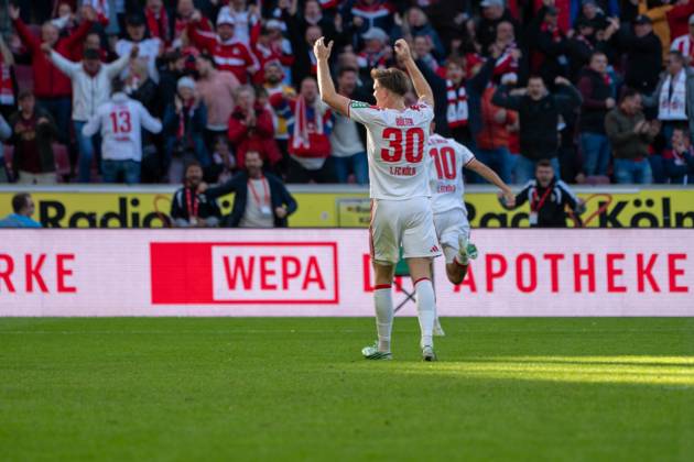 Said El-Mala, Mittelfeld, (1.FC Koeln 10), beim Jubel nach dem 2:1, 1. FC Koeln vs. Borussia Moenchengladbach, Fussball, 1. Bundesliga, 5. Spieltag, 11.10.2026 DFB DFL regulations prohibit any use of photographs as image sequences and or quasi-video Koeln Nordrhein-Westfalen Deutschland