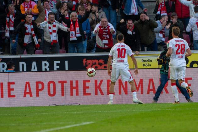 Said El-Mala, Mittelfeld, (1.FC Koeln 10), beim Jubel nach dem 2:1, 1. FC Koeln vs. Borussia Moenchengladbach, Fussball, 1. Bundesliga, 5. Spieltag, 11.10.2026 DFB DFL regulations prohibit any use of photographs as image sequences and or quasi-video Koeln Nordrhein-Westfalen Deutschland