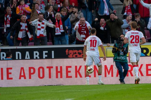 Said El-Mala, Mittelfeld, (1.FC Koeln 10), beim Jubel nach dem 2:1, 1. FC Koeln vs. Borussia Moenchengladbach, Fussball, 1. Bundesliga, 5. Spieltag, 11.10.2026 DFB DFL regulations prohibit any use of photographs as image sequences and or quasi-video Koeln Nordrhein-Westfalen Deutschland