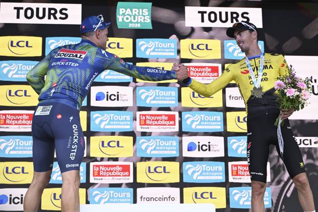 Paris Tours 2026 Cycling Race TOURS, FRANCE - OCTOBER 11 : Stuyven Jasper (BEL) of Soudal Quick-Step and Laporte Christophe (FRA) of Team Visma I Lease a Bike pictured during the podium ceremony of the 120th edition of Paris Tours an UCI ProSeries 1.Pro one day cycling road race for Men Elite of 216.2 km with start in Chartres and finish in Tours on October 11, 2026 in Tours, France, 11 10 2026 ( Motordriver Guy De Vuyst - Tours France  Copyright: xNicoxVereeckenx