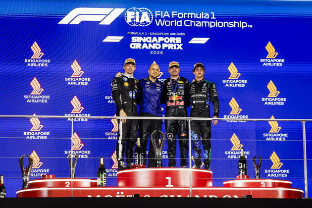 F1 - SINGAPORE GRAND PRIX 2026 LECLERC Charles (mco), Scuderia Ferrari SF-26, VERSTAPPEN Max (nld), Red Bull Racing Ford RB22, VERSTAPPEN Max (nld), Red Bull Racing Ford RB22, KIMI ANTONELLI Andrea (ita), Mercedes AMG F1 Team W16, portrait, podium during the 2026 Formula 1 Singapore Grand Prix, 17th round of the 2026 Formula One World Championship, WM, Weltmeisterschaft from October 9 to 11, 2026 on the Marina Bay Street Circuit, in Singapore, Singapore - SingaporeSingapore  Copyright: xJulienxDelfossex