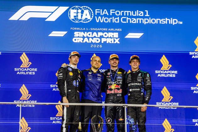 F1 - SINGAPORE GRAND PRIX 2026 LECLERC Charles (mco), Scuderia Ferrari SF-26, VERSTAPPEN Max (nld), Red Bull Racing Ford RB22, VERSTAPPEN Max (nld), Red Bull Racing Ford RB22, KIMI ANTONELLI Andrea (ita), Mercedes AMG F1 Team W16, portrait, podium during the 2026 Formula 1 Singapore Grand Prix, 17th round of the 2026 Formula One World Championship, WM, Weltmeisterschaft from October 9 to 11, 2026 on the Marina Bay Street Circuit, in Singapore, Singapore - SingaporeSingapore  Copyright: xJulienxDelfossex