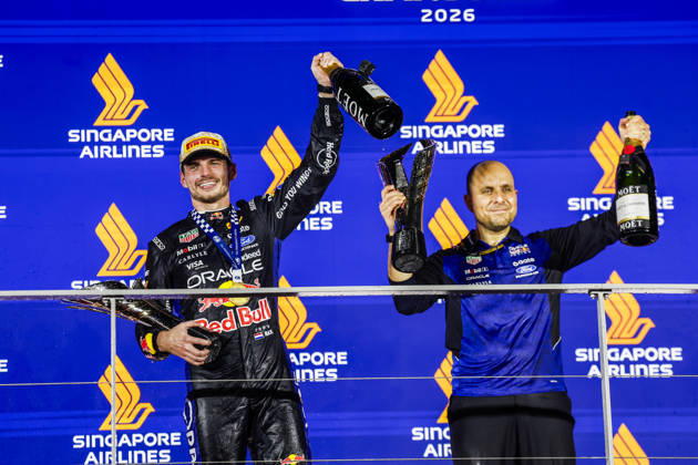 F1 - SINGAPORE GRAND PRIX 2026 VERSTAPPEN Max (nld), Red Bull Racing Ford RB22, LAMBIASE Gianpiero, Head of Race Engineering at Red Bull Racing, portrait, podium during the 2026 Formula 1 Singapore Grand Prix, 17th round of the 2026 Formula One World Championship, WM, Weltmeisterschaft from October 9 to 11, 2026 on the Marina Bay Street Circuit, in Singapore, Singapore - SingaporeSingapore  Copyright: xJulienxDelfossex