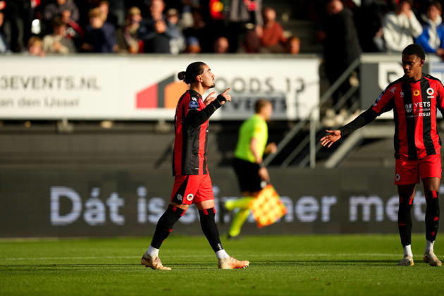 Eredivisie: Excelsior Rotterdam v FC Groningen Rotterdam - Irakli Yegoian of Excelsior Rotterdam celebrates scoring his team s first goal (1-1) with David Garden of Excelsior Rotterdam during the eight competition round of the 2026 2027 Eredivisie season. The match is set between Excelsior Rotterdam and FC Groningen at Stadion Woudestein on 11 October 2026 in Rotterdam, Netherlands. (Hero Images Yannick Verhoeven) Copyright: xYannickxVerhoevenx