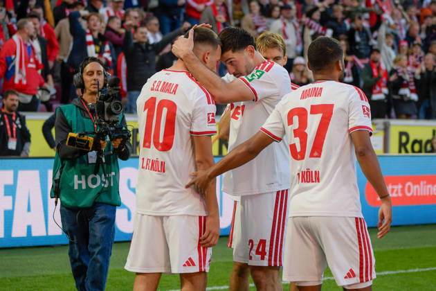 Said El Mala (Koeln 10) jubelt nach dem Tor zum 2:1 mit Luka Lochoshvili (Koeln 24) 11.10.2026 ¢ Fussball ¢ 1. FC Koeln vs Borussia Moenchengladbach, RheinEnergieStadion, Koeln, DFB DFL REGULATIONS PROHIBIT ANY USE OF PHOTOGRAPHS AS IMAGE SEQUENCES AND OR QUASI-VIDEO NRW Germany