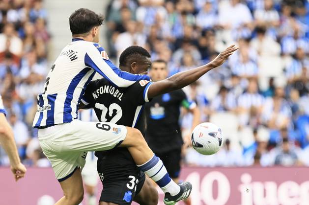 ESP: LaLiga EASports Real Sociedad - RC Deportivo La Coruna Jon Martin of Real Sociedad and Bil Nsongo of RC Deportivo during LaLiga EA Sports match between Real Sociedad - RC Deportivo played at Anoeta Stadium in Gipuzcoa on October 11, 2026 in Spain Spain Futbol Copyright: xAgenciaxLOFx