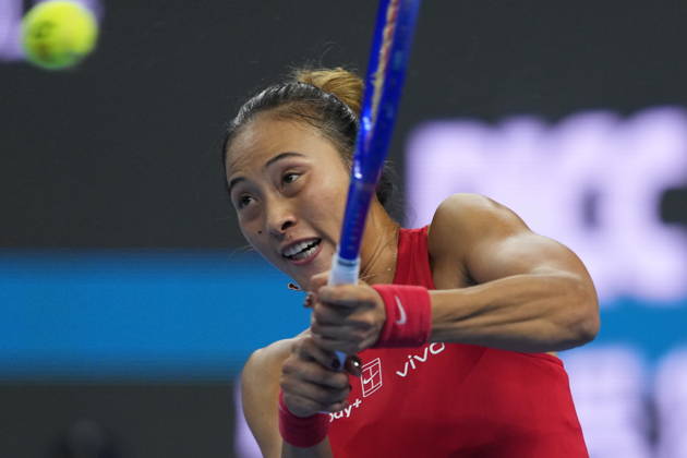 (261011) -- BEIJING, Oct. 11, 2026 -- Zheng Qinwen hits a return during the women s singles final between Zheng Qinwen of China and Mirra Andreeva of Russia at 2026 China Open tennis tournament in Beijing, China, Oct. 11, 2026. ) (SP)CHINA-BEIJING-TENNIS-CHINA OPEN-WOMEN S SINGLES-FINAL (CN) SunxFei 