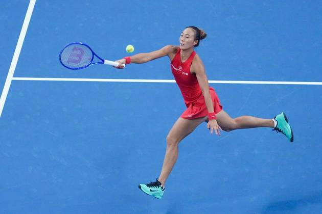 (261011) -- BEIJING, Oct. 11, 2026 -- Zheng Qinwen hits a return during the women s singles final between Zheng Qinwen of China and Mirra Andreeva of Russia at 2026 China Open tennis tournament in Beijing, China, Oct. 11, 2026. ) (SP)CHINA-BEIJING-TENNIS-CHINA OPEN-WOMEN S SINGLES-FINAL (CN) JuxHuanzong 