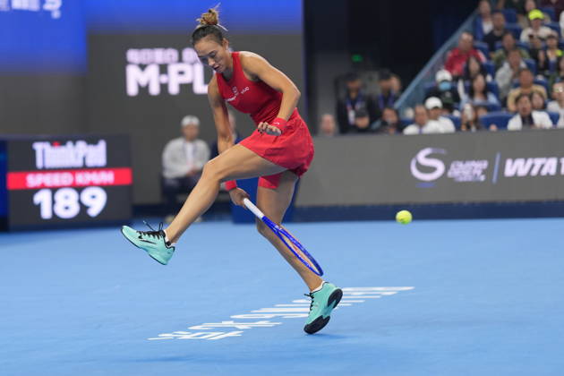 (261011) -- BEIJING, Oct. 11, 2026 -- Zheng Qinwen hits a return during the women s singles final between Zheng Qinwen of China and Mirra Andreeva of Russia at 2026 China Open tennis tournament in Beijing, China, Oct. 11, 2026. ) (SP)CHINA-BEIJING-TENNIS-CHINA OPEN-WOMEN S SINGLES-FINAL (CN) SunxFei 