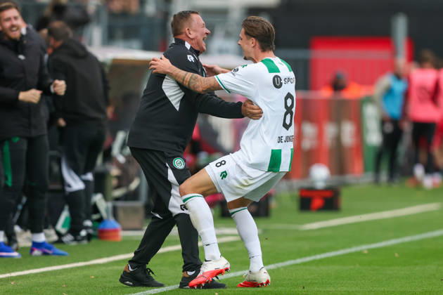 2026-10-11 Excelsior Rotterdam v FC Groningen - Dutch Eredivisie ROTTERDAM, NETHERLANDS - OCTOBER 11: Tika de Jonge of FC Groningen, Bert de Voogd of FC Groningen celebrates after scoring the second goal of the team during the Dutch Eredivisie match between Excelsior Rotterdam and FC Groningen at Stadion Woudestein on October 11, 2026 in Rotterdam, Netherlands. Rotterdam Stadion Woudestein Netherlands Content not available for redistribution in The Netherlands directly or indirectly through any third parties. Copyright: xHansxvanxderxValkx