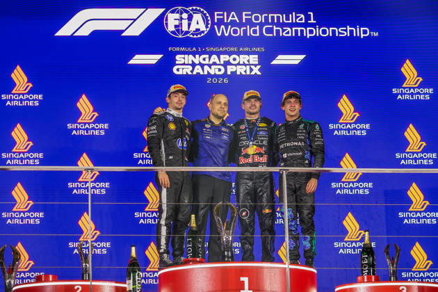 Max Verstappen wins 2026 Formula 1 Singapore Grand Prix SINGAPORE - OCT 11: Red Bull Racing driver Max Verstappen, Ferrari s Charles Leclerc and Mercedes’s Kimi Antonelli pose for photos on the podium, after winning the Formula 1 Singapore Grand Prix at the Marina Bay Street Circuit in Singapore on October 11, 2026. Daniel Ceng Anadolu Singapore Singapore. Editorial use only. Please get in touch for any other usage. Copyright: x2026xAnadoluxDanielxCengx