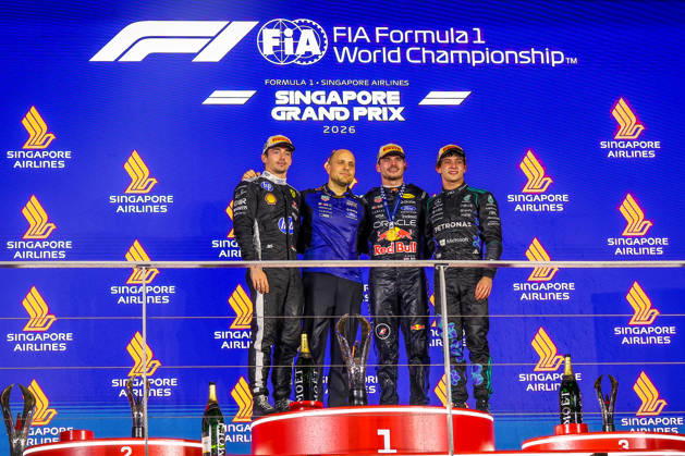 Max Verstappen wins 2026 Formula 1 Singapore Grand Prix SINGAPORE - OCT 11: Red Bull Racing driver Max Verstappen, Ferrari s Charles Leclerc and Mercedes’s Kimi Antonelli pose for photos on the podium, after winning the Formula 1 Singapore Grand Prix at the Marina Bay Street Circuit in Singapore on October 11, 2026. Daniel Ceng Anadolu Singapore Singapore. Editorial use only. Please get in touch for any other usage.  Copyright: x2026xAnadoluxDanielxCengx