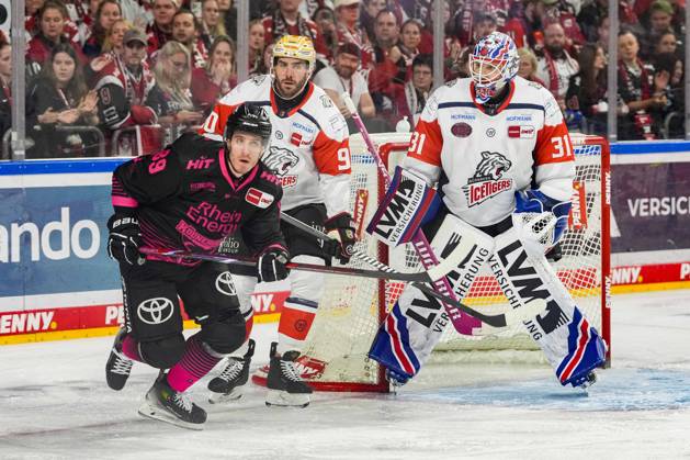 Eishockey Penny-DEL 8.Spieltag Kölner Haie - Nürnberg Ice Tigers am 11.10.2026 in der Lanxess Arena in Köln Gregor MacLeod ( Köln ), links - Constantin Braun ( Nürnberg ), mitte - Niklas Treutle ( Nürnberg ), rechts Gemäß den Vorgaben der DEL Deutsche Eishockey Liga ist die Publikation und Weiterverwertung der Aufnahmen in elektronischen Medien und Endgeräten aller Art während des laufenden Spiels nicht zulässig.