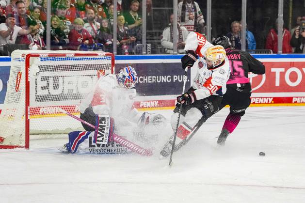 Eishockey Penny-DEL 8.Spieltag Kölner Haie - Nürnberg Ice Tigers am 11.10.2026 in der Lanxess Arena in Köln Niklas Treutle ( Nürnberg ), links - Constantin Braun ( Nürnberg ), mitte - Louis-Marc Aubry ( Köln ), rechts Gemäß den Vorgaben der DEL Deutsche Eishockey Liga ist die Publikation und Weiterverwertung der Aufnahmen in elektronischen Medien und Endgeräten aller Art während des laufenden Spiels nicht zulässig.