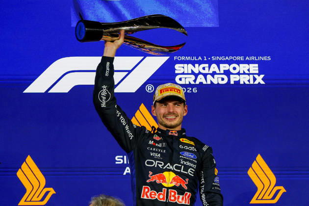 Max Verstappen wins 2026 Formula 1 Singapore Grand Prix SINGAPORE - OCT 11: Red Bull Racing s Max Verstappen celebrates on the podium, after winning the Formula 1 Singapore Grand Prix at the Marina Bay Street Circuit in Singapore on October 11, 2026. Daniel Ceng Anadolu Singapore Singapore. Editorial use only. Please get in touch for any other usage. Copyright: x2026xAnadoluxDanielxCengx