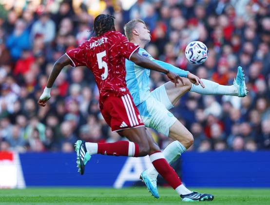 Erling Haaland of Manchester City and Jeremy Jacquet of Liverpool Liverpool v Manchester City, Premier League, Football, Anfield, Liverpool, UK - 11 Oct 2026Liverpool Anfield United Kingdom EDITORIAL USE ONLY No use with unauthorised audio, video, data, fixture lists, club league logos or live services. Online in-match use limited to 120 images, no video emulation. No use in betting, games or single club league player publications. Copyright: xMattxWest Shutterstockx 17210728s