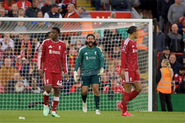 RECORD DATE NOT STATED Football - FA Premier League - Liverpool FC v Manchester City FC LIVERPOOL, ENGLAND - Sunday, October 11, 2026: Liverpool s goalkeeper Alisson Becker reacts to his side conceding the first goal during the FA Premier League match between Liverpool FC and Manchester City FC at Anfield. (Photo by David Rawcliffe Propaganda) LIVERPOOL Anfield MERSEYSIDE ENGLAND  Copyright: xDavidxRawcliffex 2026-10-11-Liverpool_v_Man_City-097